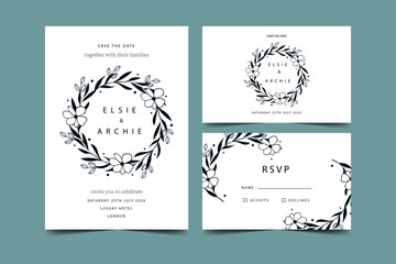 Wedding invitation with flowers in blue 
