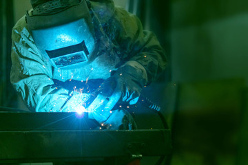 The welder performs welding work with semi-automatic arc welding. Welding stainless steel pipes....