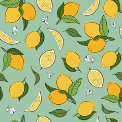 Vector seamless pattern with lemons, leaves and flowers of lemon