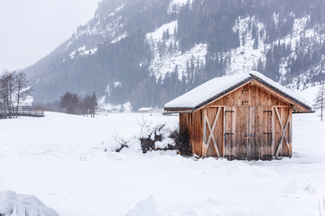 Waiting for the storm. Winter setting in Riva di Tures. Italy