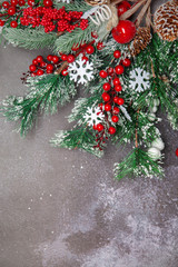 Fototapeta na wymiar Christmas fir twigs with red berries and snowflakes on dark background