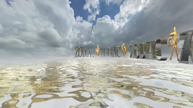 An animated 3d design, the word ZODIAC moves around a sea with various  zodiac signs between each word set against a sky with moving clouds.