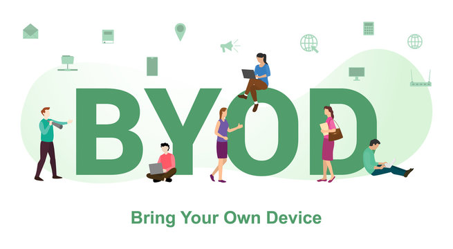 byod bring your own devices concept with big word or text and team people with modern flat style - vector