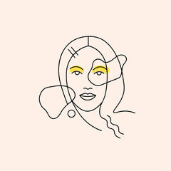 Modern minimalist line female portrait. Trendy abstract illustration. Woman's face with eye makeup. Fashion concept print. Template for logo, card, banner, poster, flyer, clothing designs