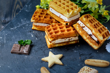 Near the spread of snow little meringue On graphite colors of flat stone meringue tiles there are shaped cookies