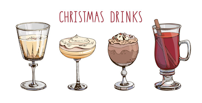 Set of popular Christmas drinks isolated on white. Colorful vector images of winter beverages and cocktails. Hot chocolate, eggnog, mulled wine, champagne. Winter special. Menu decoration. Lettering