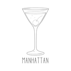 Alcoholic cocktail - manhattan with cherry isolated on white background. Vector illustration