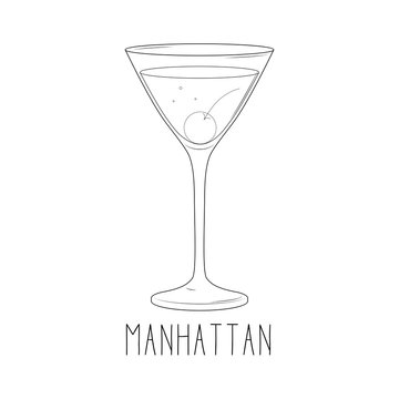 Alcoholic cocktail - manhattan with cherry isolated on white background. Vector illustration