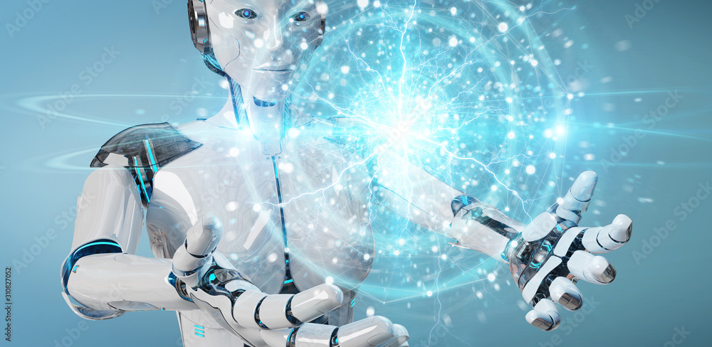 Aufkleber white robot creating renewable and sustainable eco energy with electrical sphere 3d rendering