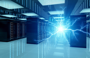 Electricity lightning in servers data center room storage systems 3D rendering