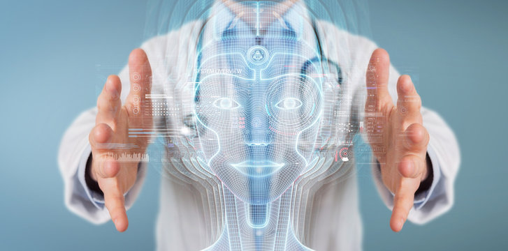 Doctor using digital artificial intelligence head interface 3D rendering