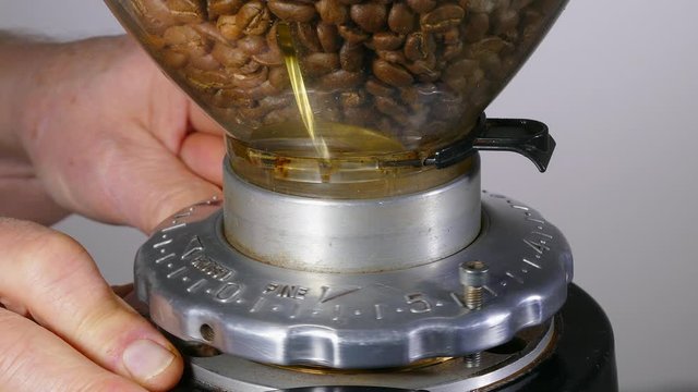 Close POV shot of a man&rsquo;s hand adding fresh coffee beans to the hopper of a commercial grinder, then  adjusting the burrs for a finer grind.
