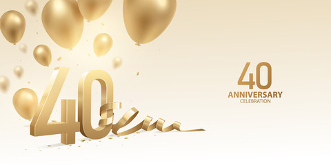 40th Anniversary celebration background. 3D Golden numbers with bent ribbon, confetti and balloons. - obrazy, fototapety, plakaty