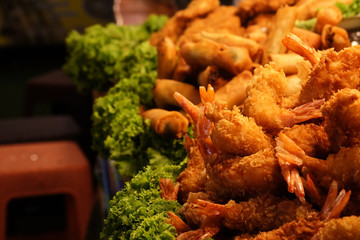 Trendy lifestyle of selling well cooking many kind of street food such as seafood, noodle, roasted pork, meat and chicken ball always found in Bangkok, Thailand and have space for write wording