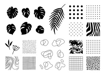Design elements collection for banner, flyer, poster, invitation, magazine, etc. Set of Animal, geometric, abstract print patterns and backgrounds, tropical leaves, outline shapes.