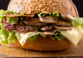 sandwich with mushrooms and cutlet close-up.