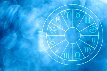 Illustration of astrology themes. Twelve signs of the zodiac on bright abstract background, space for text