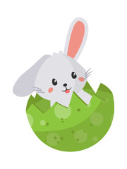 Happy cute easter bunny sit in eggshell on white