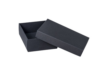 Black carton gift box with cover, opened, isolated