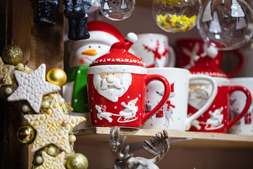 Christmas mugs in souvenir shop