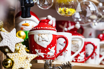 Christmas mugs in souvenir shop
