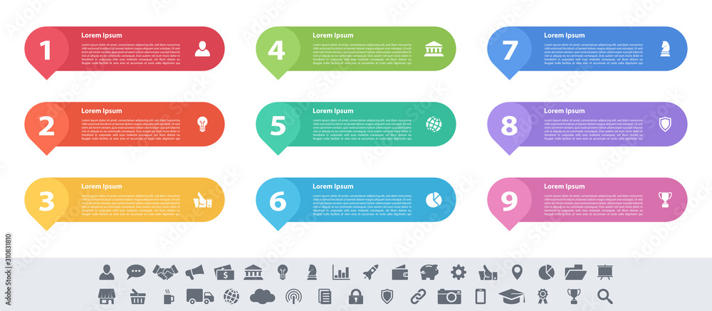Wall mural infographic design business concept vector illustration with 9 steps or options or processes represe