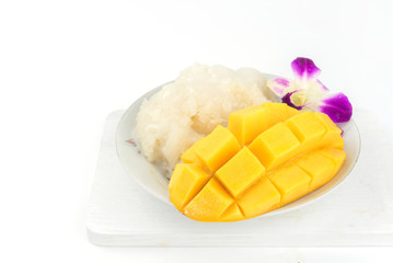 mango and sticky rice,Thai style tropical dessert on white background