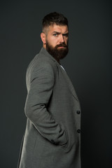 Feeling cool and confident. Brutal look of modern businessman. Hipster with brutal bearded face....