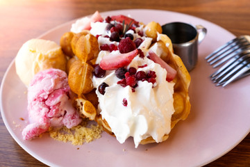 Waffle berries With ice cream and whipped cream
