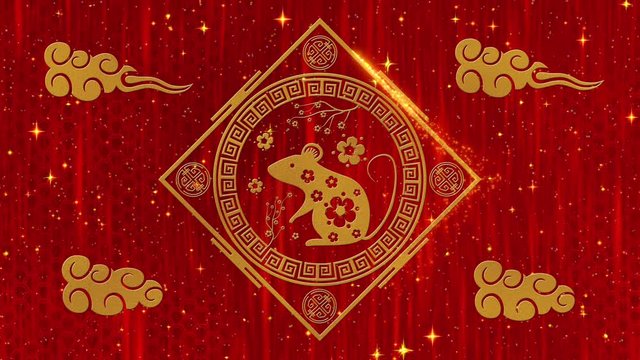 Lunar New Year, Spring Festival background with golden rat, glittering stars and clouds. Chinese new year red paper backdrop for holiday event. 3D rendering animation. Seamless loop 4k video.