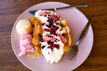 Waffle berries With ice cream and whipped cream