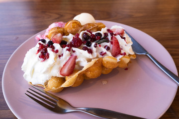 Waffle berries With ice cream and whipped cream