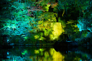 秋の紅葉と滝と池