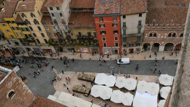 ITALY, VERONA &ndash; APRIL 24, 2019: the market's square (Piazza delle Erbe) from Torre dei Lamberti.