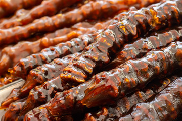 Sweet delicious churchkhela (turkish, georgian delight) selective fokus.