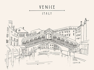 Venice, Italy, Europe. Famous Rialto bridge across Grand canal. Travel sketch. Artistic hand drawing. Vector hand drawn postcard, poster, artistic book, calendar or travel booklet illustration