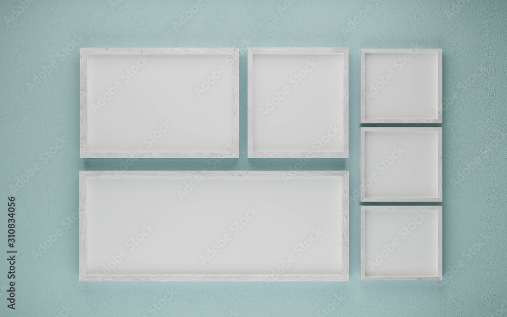 Poster multiple wooden picture frames to add your content with cyan background 3d illustration render