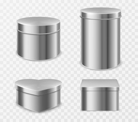 Metal tin boxes for tea, candies or coffee. Vector realistic mockup of small and tall round, square and heart shape cans for packaging dry products and sweets isolated on transparent background