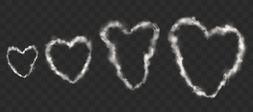 White Smoke Heart Shape Rings From Cigarette, Pipe Or Vape. Vector Realistic Steam Clouds From Hot Coffee Isolated On Transparent Background. Symbol Of Love For Valentine Day Card