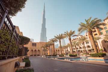 DUBAI - APRIL 14: Downtown Dubai with Burj Khalifa in the background, the tallest building in the...