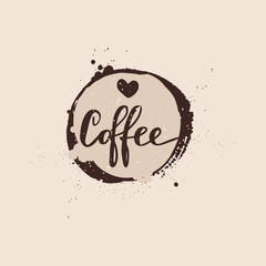Vector hand drawn illustration. Hand drawn phrase "Coffee" with the heart.  Idea for the poster, postcard. Coffee splashes and grunge style.