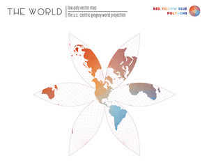Polygonal map of the world. The U.S.-centric Gingery world projection of the world. Red Yellow Blue colored polygons. Energetic vector illustration.