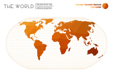 Polygonal map of the world. Robinson projection of the world. Yellow Orange Brown colored polygons. Elegant vector illustration.