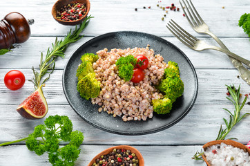 Boiled green buckwheat. Dishes menu. Free copy space. Top view.