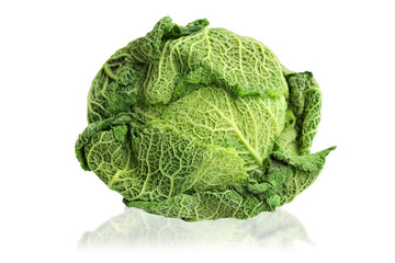 one head of savoy cabbage with shadow on a white isolated background, concept of fresh vegetables,...