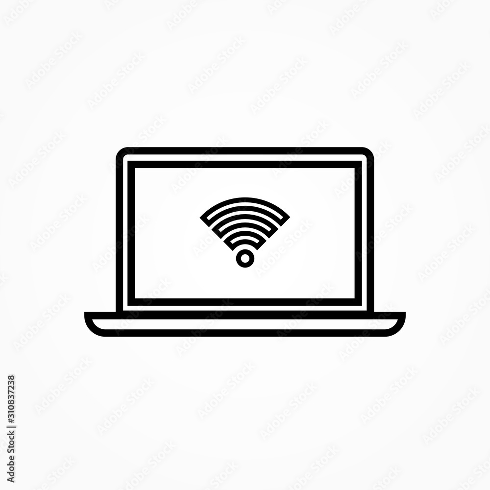 Poster Laptop wifi signal line icon. Computer wireless connection linear style sign for mobile concept and web design. Internet access outline vector icon. Symbol, logo illustration. Vector graphics