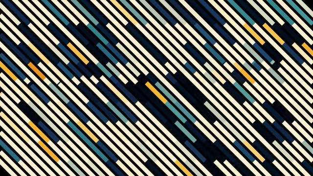 Abstract diagonal rows of narrow lines with white light impulse moving along them. Animation. Colorful stripes devided into segments on black background.
