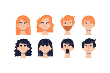Fototapeta premium Redhead, brunette girls and boys avatars icons in flat style