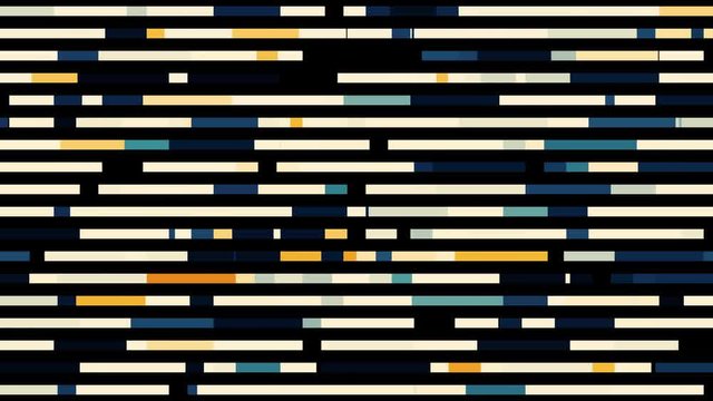 Abstract horizontal parallel rows of line segments moving intermittently into the same direction isolated on black background. Animation. Seamless loop motion design.