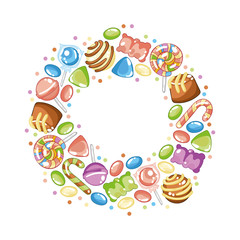 Sweets and candy. Lollipops, jelly bears, dragees, chocolates. Round pattern - frame, wreath, border. Isolated vector objects on a white background.